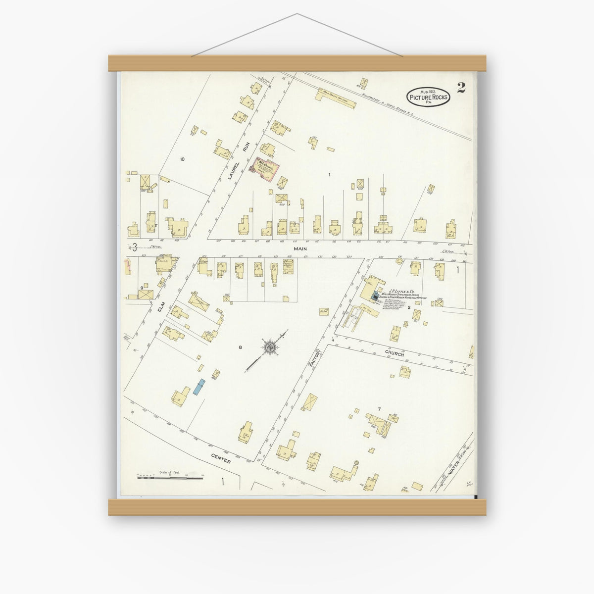 Old map wall art mockup — magnetic wood frame on white wall — Sanborn Fire Insurance Map from Picture Rocks, Lycoming County, Pennsylvania (1912), Sheet #0002