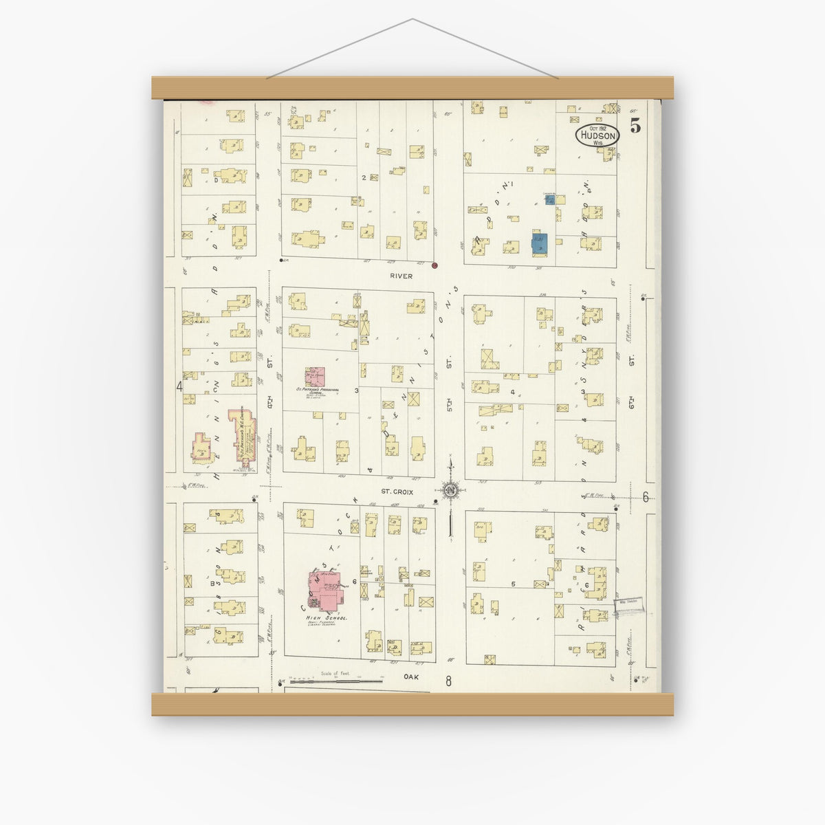 Old map wall art mockup — magnetic wood frame on white wall — Sanborn Fire Insurance Map from Hudson, St. Croix County, Wisconsin (1912), Sheet #0005