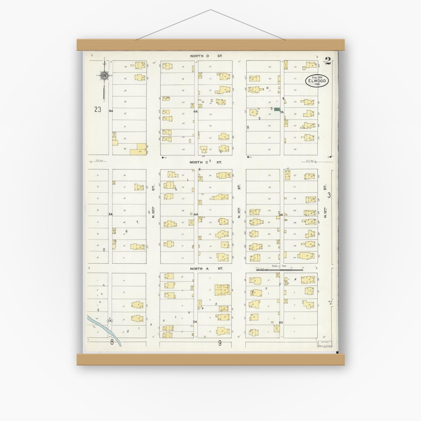 Old map wall art mockup — magnetic wood frame on white wall — Sanborn Fire Insurance Map from Elwood, Madison County, Indiana (1910), Sheet #0002