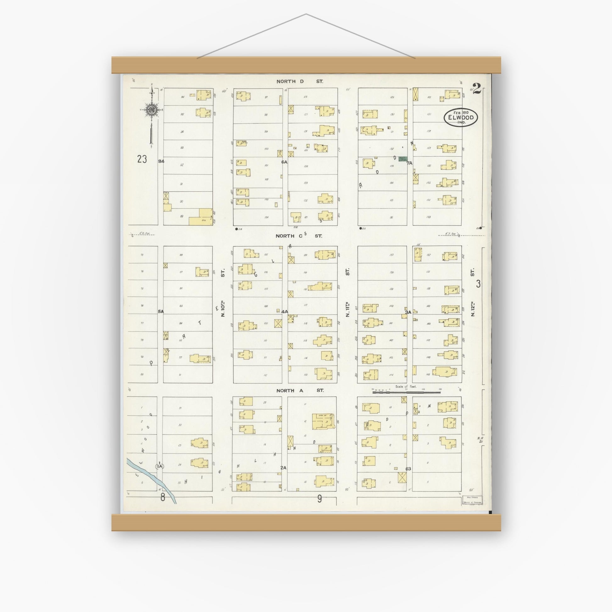 Old map wall art mockup — magnetic wood frame on white wall — Sanborn Fire Insurance Map from Elwood, Madison County, Indiana (1910), Sheet #0002