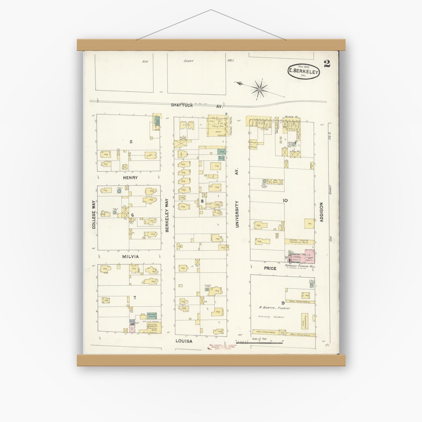 Old map wall art mockup — magnetic wood frame on white wall — Sanborn Fire Insurance Map from East Berkeley, Alameda County, California (1890), Sheet #0002