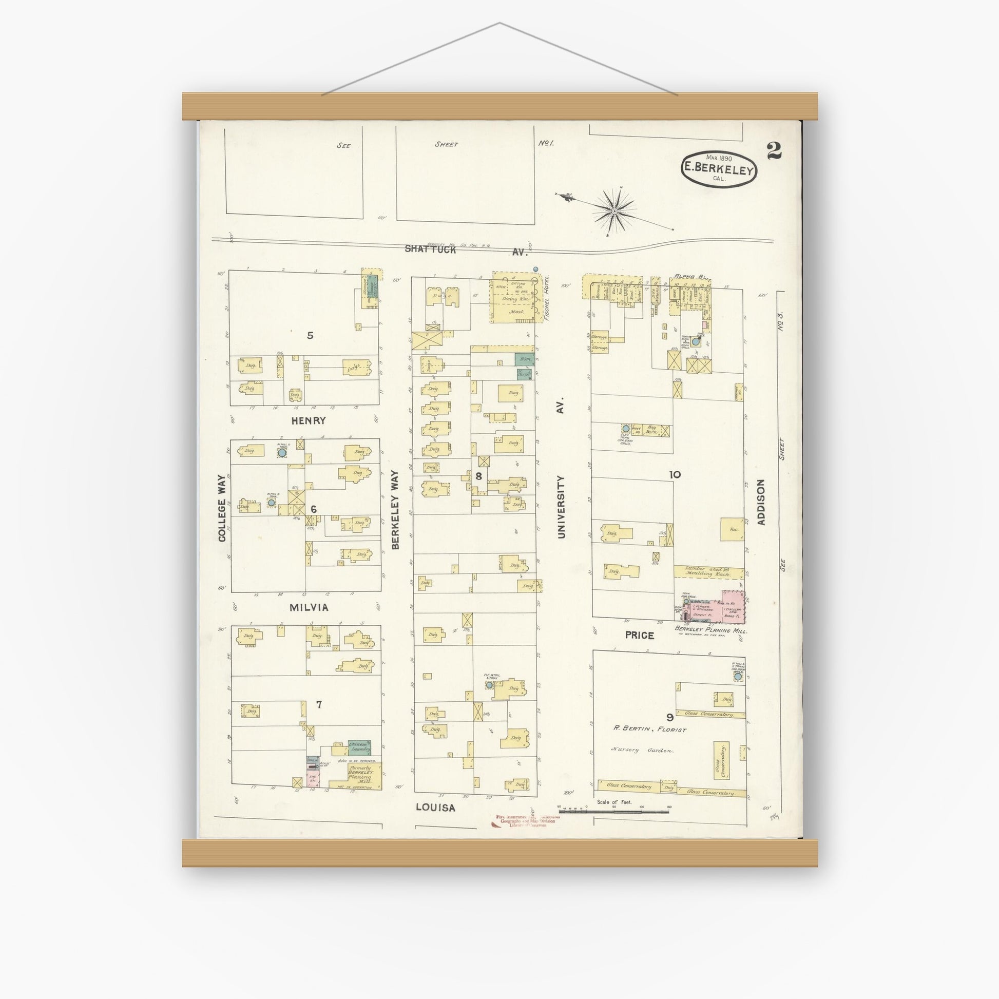 Old map wall art mockup — magnetic wood frame on white wall — Sanborn Fire Insurance Map from East Berkeley, Alameda County, California (1890), Sheet #0002