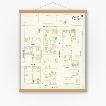 Old map wall art mockup — magnetic wood frame on white wall — Sanborn Fire Insurance Map from East Berkeley, Alameda County, California (1890), Sheet #0002