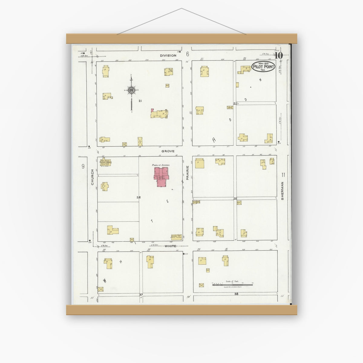Old map wall art mockup — magnetic wood frame on white wall — Sanborn Fire Insurance Map from Pilot Point, Denton County, Texas (1921), Sheet #0010