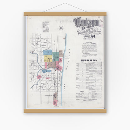 Old map wall art mockup — magnetic wood frame on white wall — Sanborn Fire Insurance Map from Waukegan, Lake County, Illinois (1894) - Complete Map Set