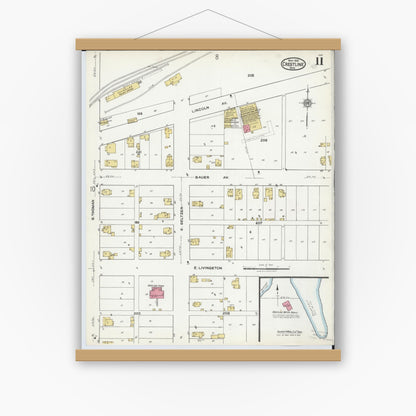 Old map wall art mockup — magnetic wood frame on white wall — Sanborn Fire Insurance Map from Crestline, Crawford County, Ohio (1921), Sheet #0011