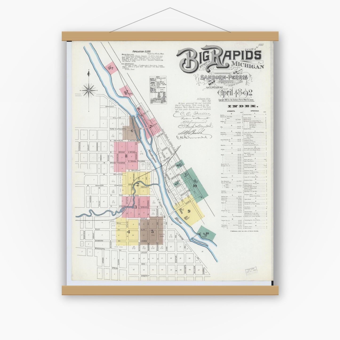 Old map wall art mockup — magnetic wood frame on white wall — Sanborn Fire Insurance Map from Big Rapids, Mecosta County, Michigan (1892) - Complete Map Set