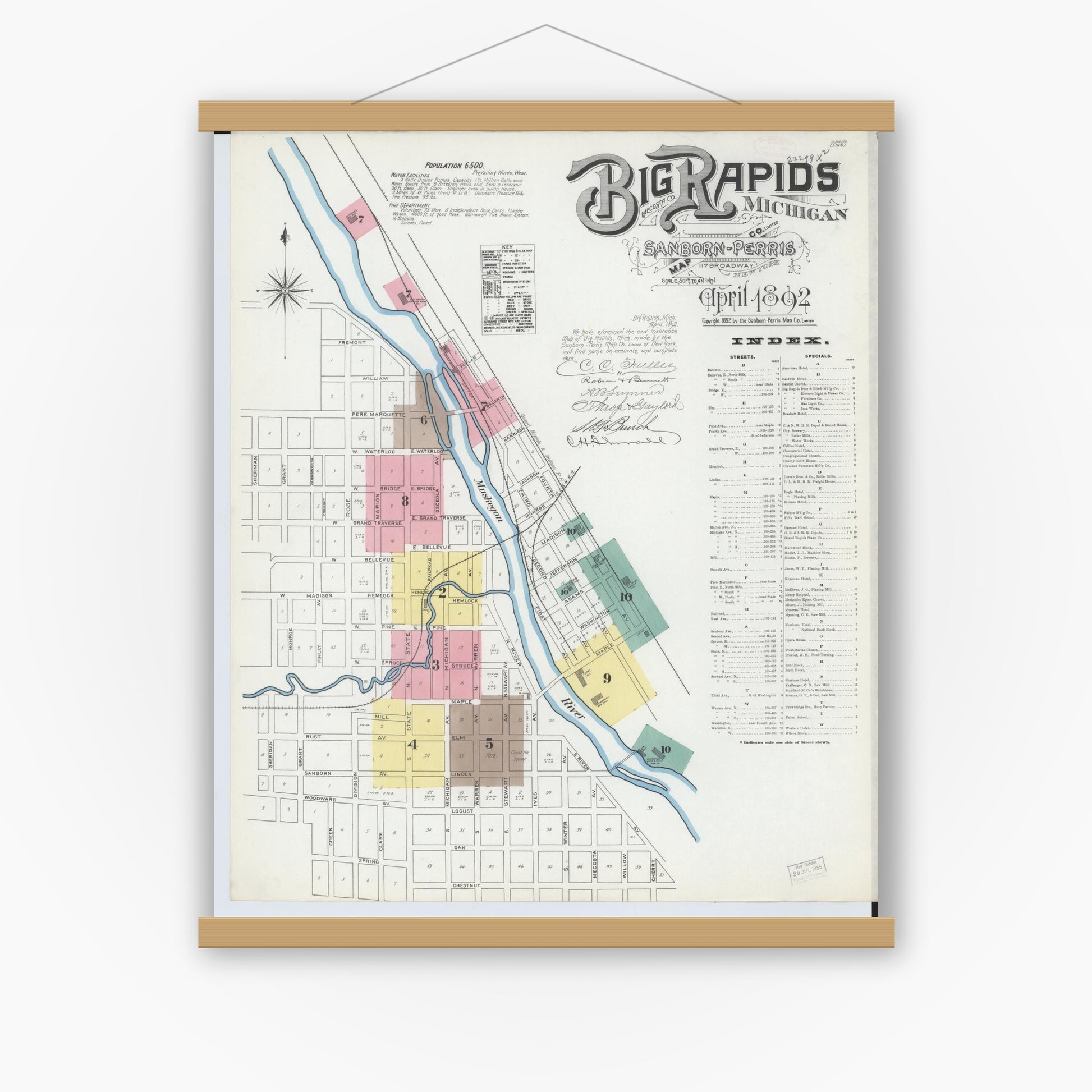 Old map wall art mockup — magnetic wood frame on white wall — Sanborn Fire Insurance Map from Big Rapids, Mecosta County, Michigan (1892) - Complete Map Set