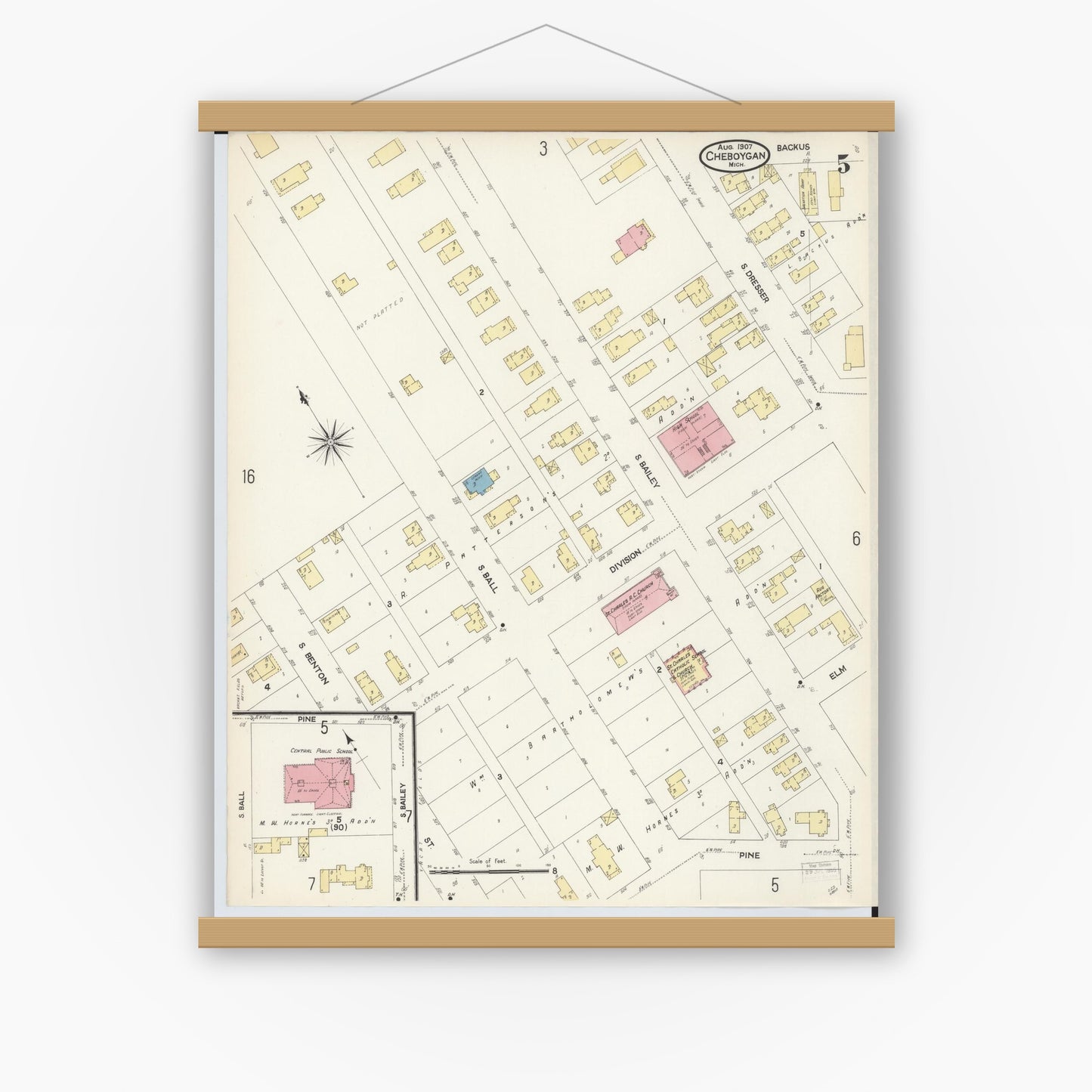 Old map wall art mockup — magnetic wood frame on white wall — Sanborn Fire Insurance Map from Cheboygan, Cheboygan County, Michigan (1907), Sheet #0005