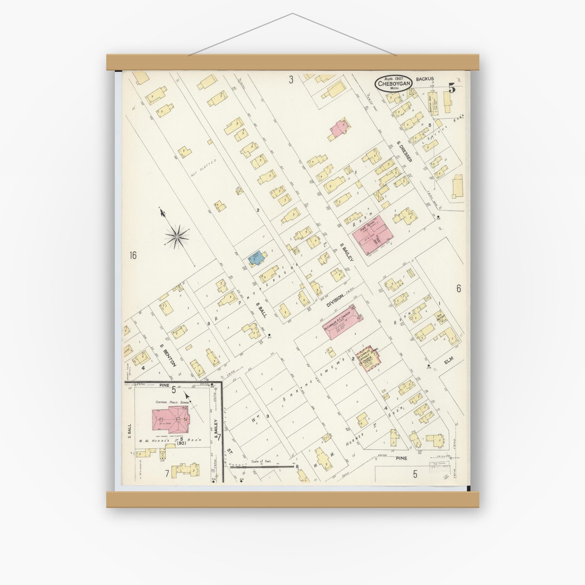 Old map wall art mockup — magnetic wood frame on white wall — Sanborn Fire Insurance Map from Cheboygan, Cheboygan County, Michigan (1907), Sheet #0005