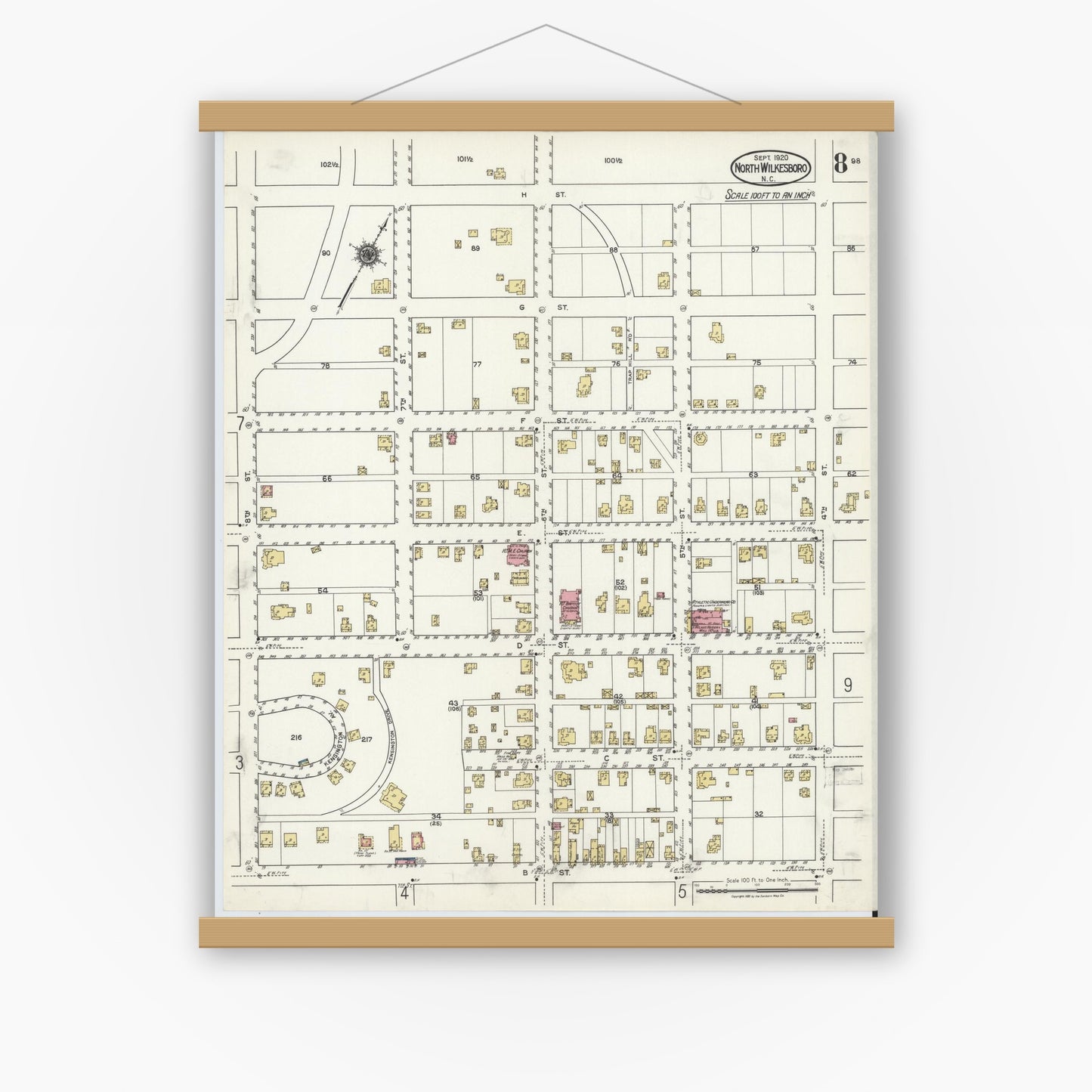 Old map wall art mockup — magnetic wood frame on white wall — Sanborn Fire Insurance Map from North Wilkesboro, Wilkes County, North Carolina (1920), Sheet #0008