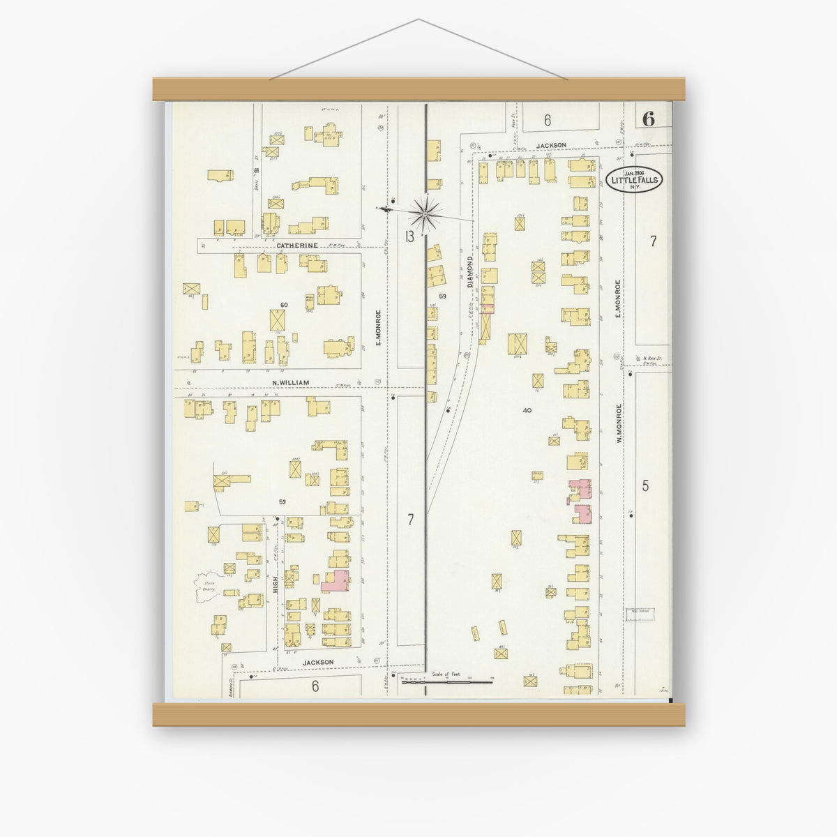 Old map wall art mockup — magnetic wood frame on white wall — Sanborn Fire Insurance Map from Little Falls, Herkimer County, New York (1906), Sheet #0006