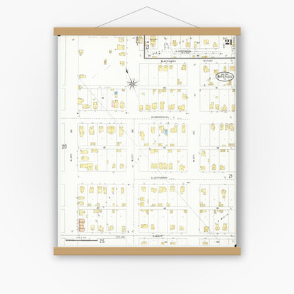Old map wall art mockup — magnetic wood frame on white wall — Sanborn Fire Insurance Map from Waterloo, Black Hawk County, Iowa (1906), Sheet #0021