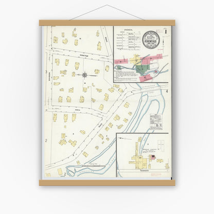 Old map wall art mockup — magnetic wood frame on white wall — Sanborn Fire Insurance Map from Schenevus, Otsego County, New York (1910), Sheet #0001