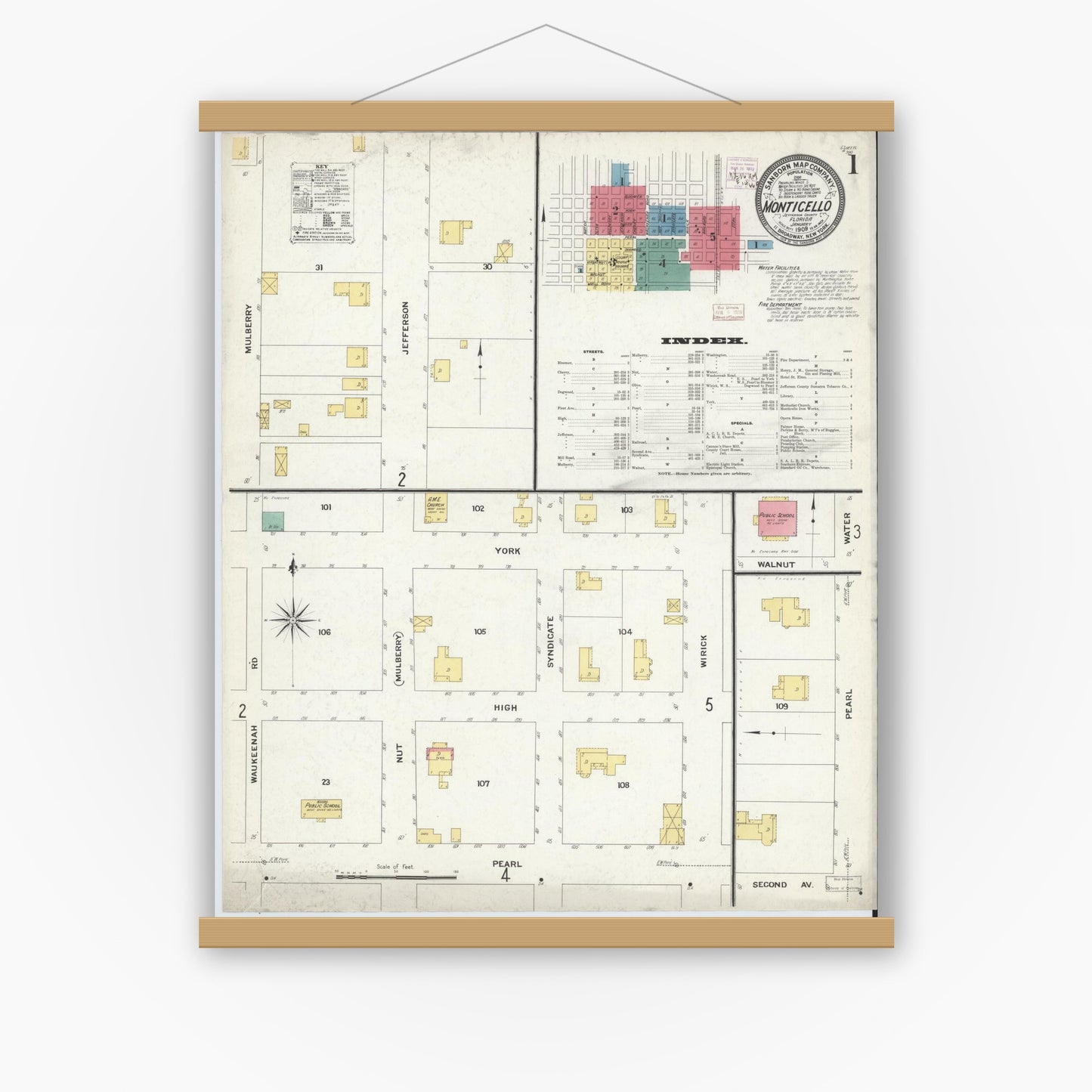 Old map wall art mockup — magnetic wood frame on white wall — Sanborn Fire Insurance Map from Monticello, Jefferson County, Florida (1909) - Complete Map Set