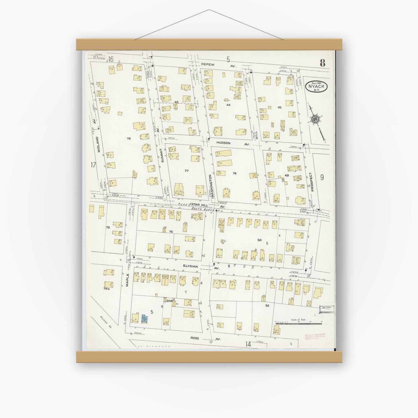 Old map wall art mockup — magnetic wood frame on white wall — Sanborn Fire Insurance Map from Nyack, Rockland County, New York. (1910), Sheet #0008
