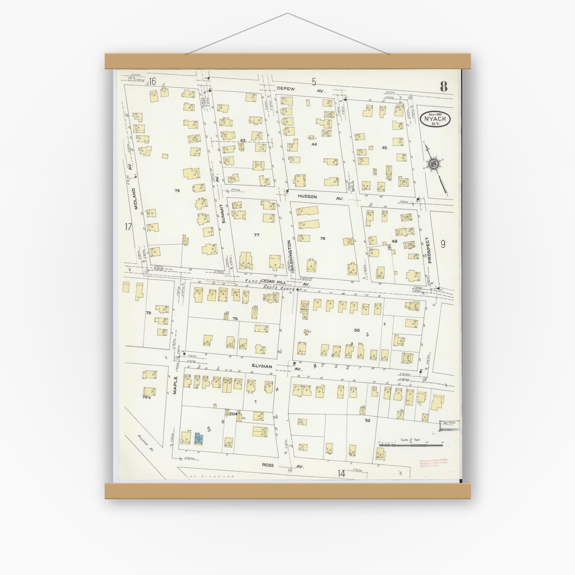 Old map wall art mockup — magnetic wood frame on white wall — Sanborn Fire Insurance Map from Nyack, Rockland County, New York. (1910), Sheet #0008