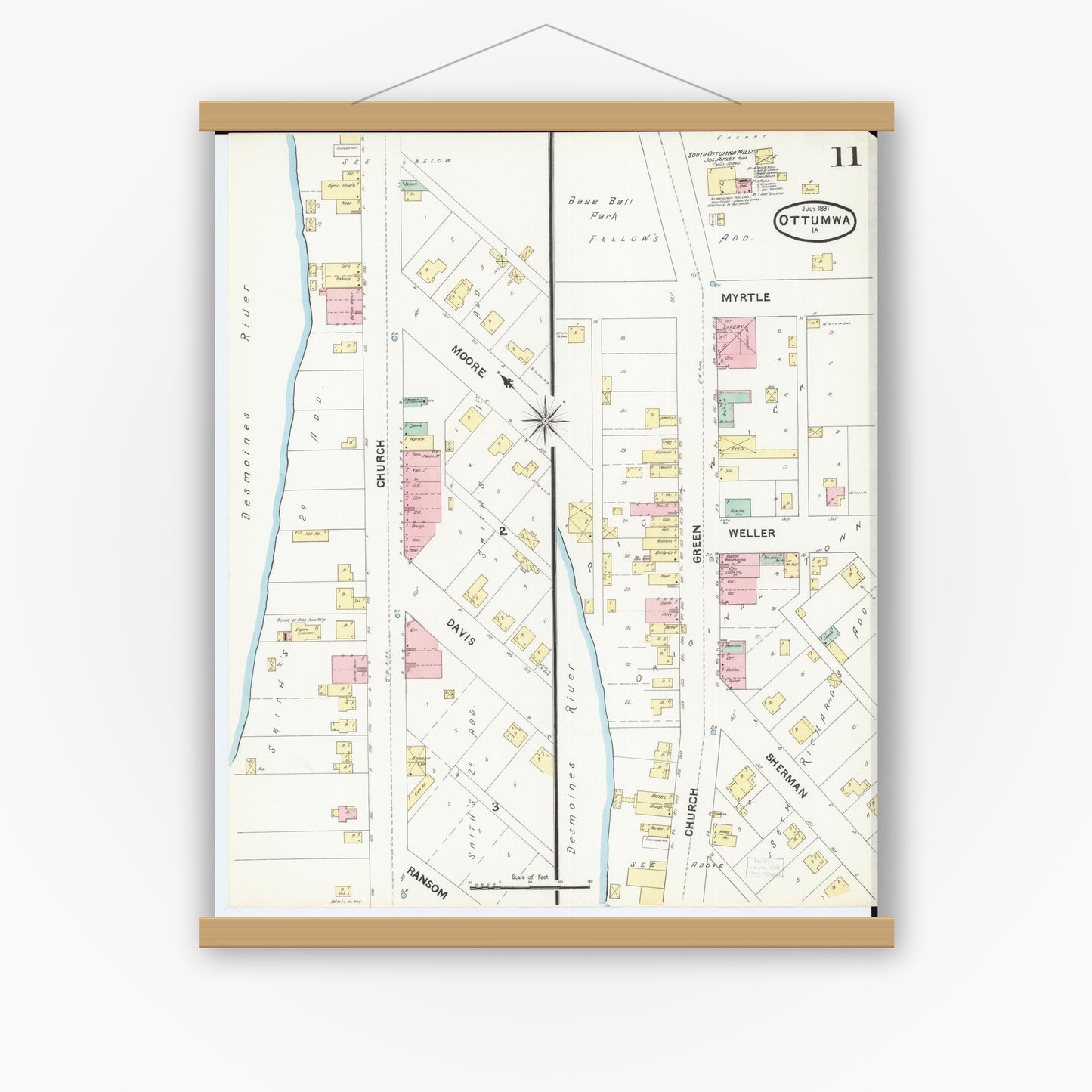 Old map wall art mockup — magnetic wood frame on white wall — Sanborn Fire Insurance Map from Ottumwa, Wapello County, Iowa (1891), Sheet #0011