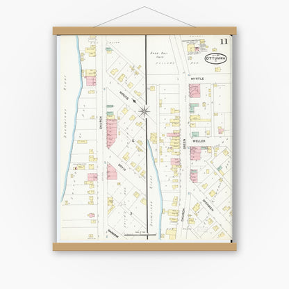 Old map wall art mockup — magnetic wood frame on white wall — Sanborn Fire Insurance Map from Ottumwa, Wapello County, Iowa (1891), Sheet #0011