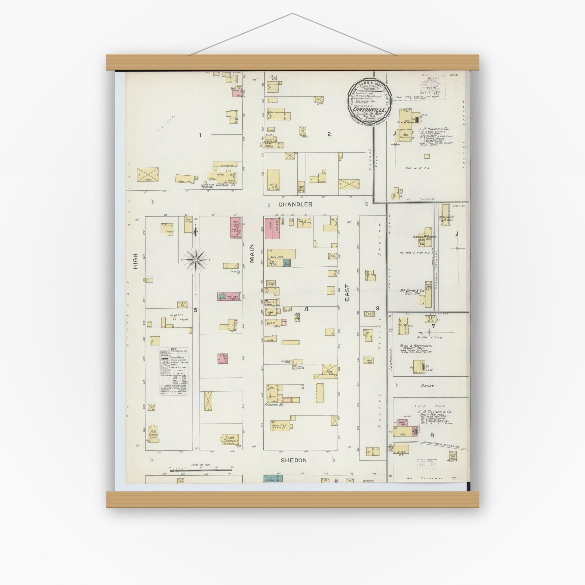 Old map wall art mockup — magnetic wood frame on white wall — Sanborn Fire Insurance Map from Carsonville, Sanilac County, Michigan (1893), Sheet #0001