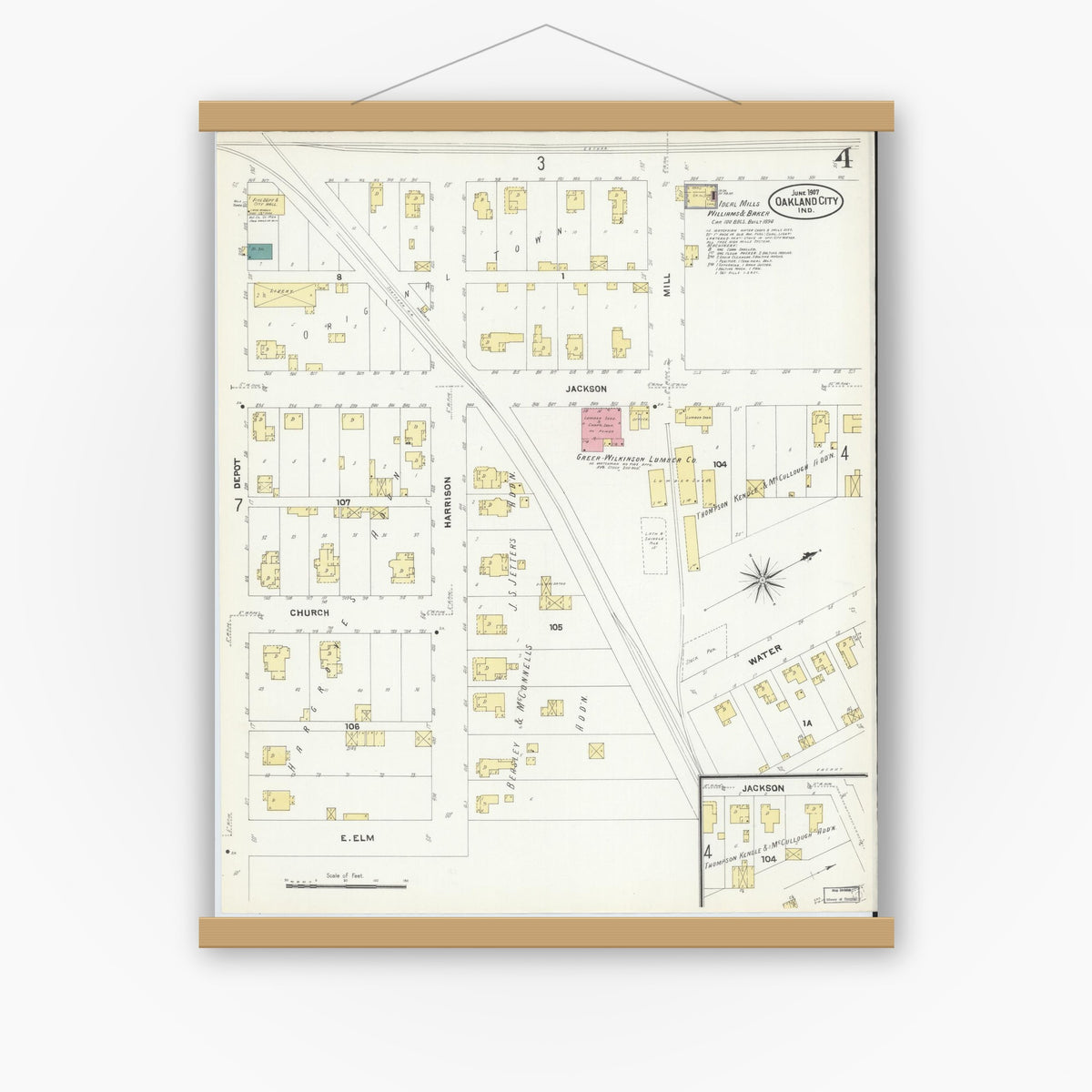 Old map wall art mockup — magnetic wood frame on white wall — Sanborn Fire Insurance Map from Oakland City, Gibson County, Indiana (1907), Sheet #0004