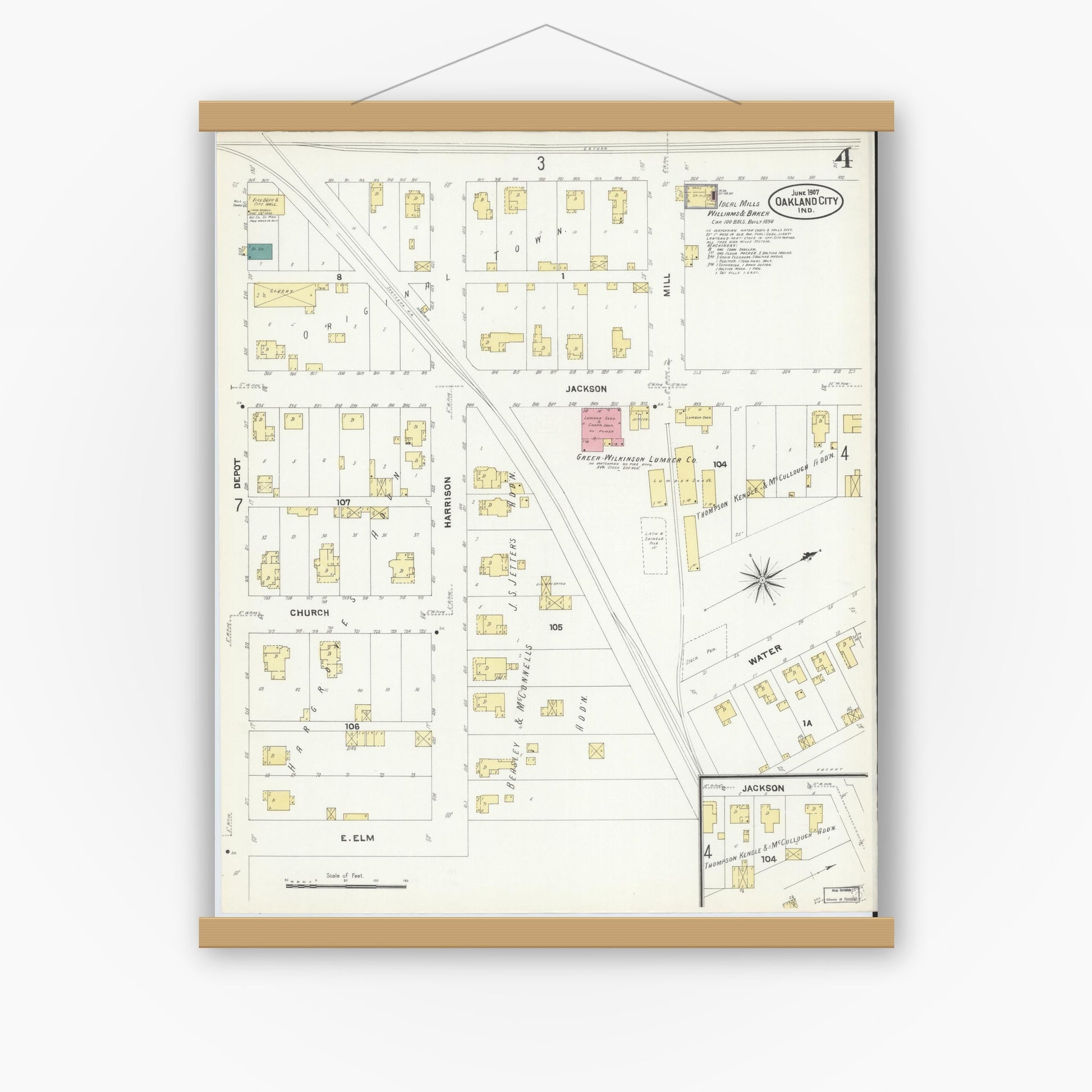 Old map wall art mockup — magnetic wood frame on white wall — Sanborn Fire Insurance Map from Oakland City, Gibson County, Indiana (1907), Sheet #0004