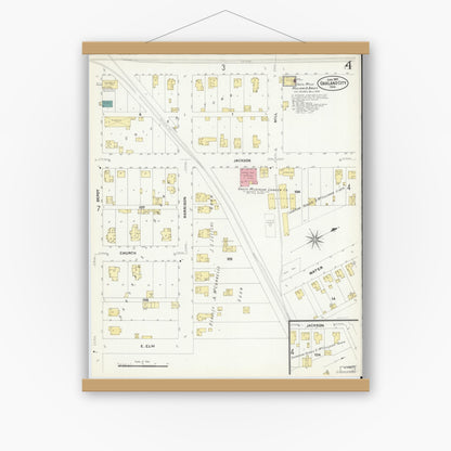 Old map wall art mockup — magnetic wood frame on white wall — Sanborn Fire Insurance Map from Oakland City, Gibson County, Indiana (1907), Sheet #0004