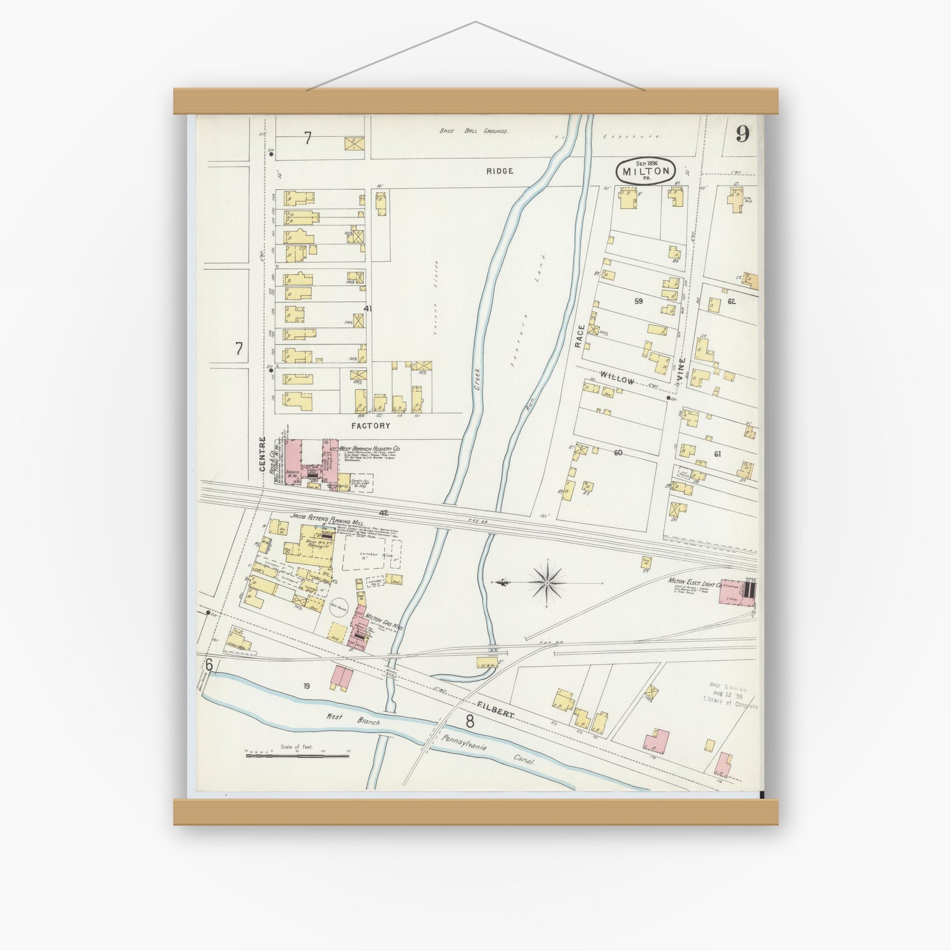 Old map wall art mockup — magnetic wood frame on white wall — Sanborn Fire Insurance Map from Milton, Northumberland County, Pennsylvania (1896), Sheet #0009