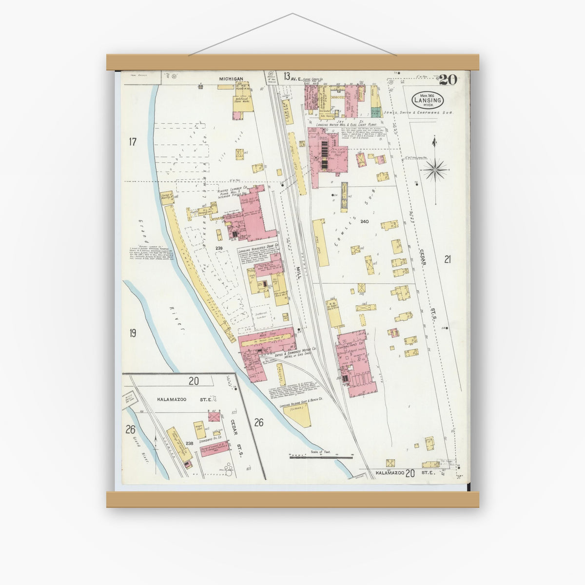 Old map wall art mockup — magnetic wood frame on white wall — Sanborn Fire Insurance Map from Lansing, Ingham County, Michigan (1906), Sheet #0020