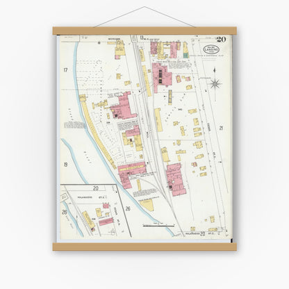 Old map wall art mockup — magnetic wood frame on white wall — Sanborn Fire Insurance Map from Lansing, Ingham County, Michigan (1906), Sheet #0020