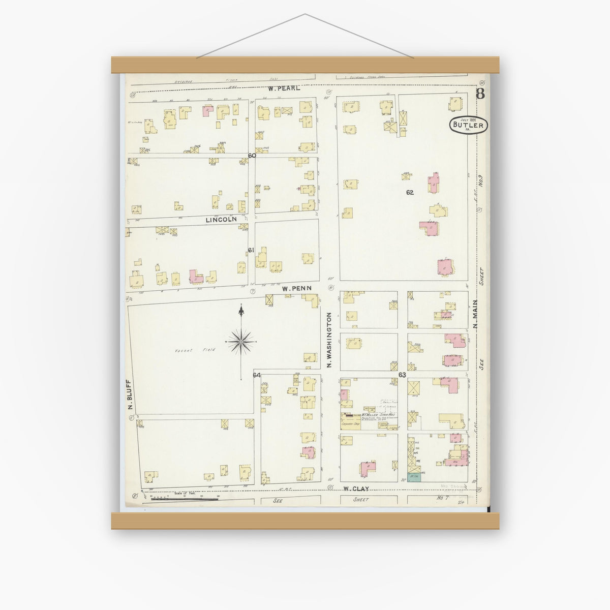 Old map wall art mockup — magnetic wood frame on white wall — Sanborn Fire Insurance Map from Butler, Butler County, Pennsylvania (1891), Sheet #0008