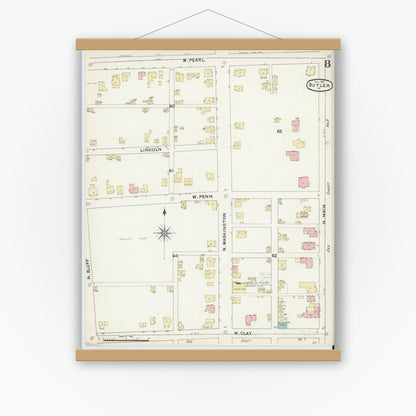 Old map wall art mockup — magnetic wood frame on white wall — Sanborn Fire Insurance Map from Butler, Butler County, Pennsylvania (1891), Sheet #0008