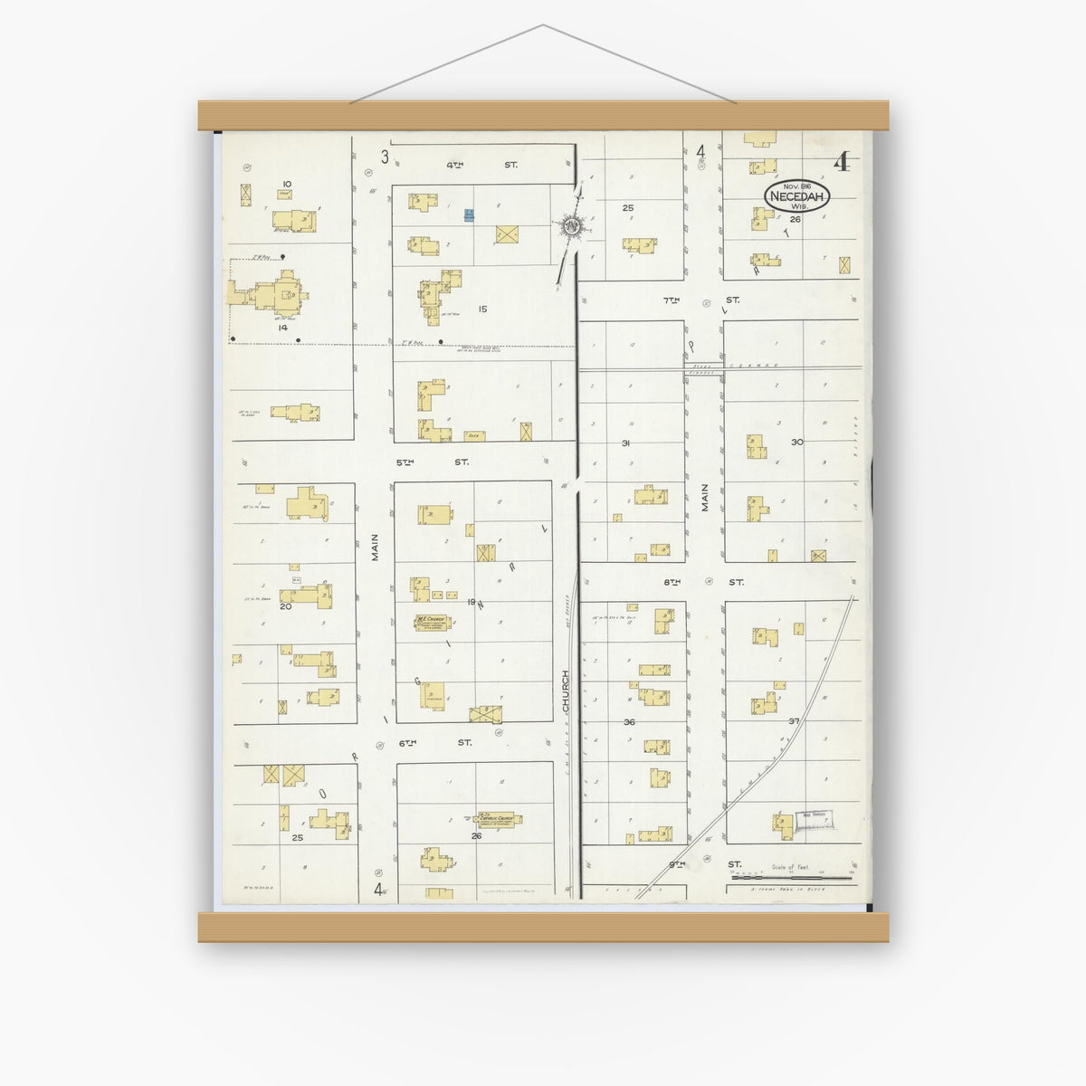 Old map wall art mockup — magnetic wood frame on white wall — Sanborn Fire Insurance Map from Necedah, Juneau County, Wisconsin (1916), Sheet #0004