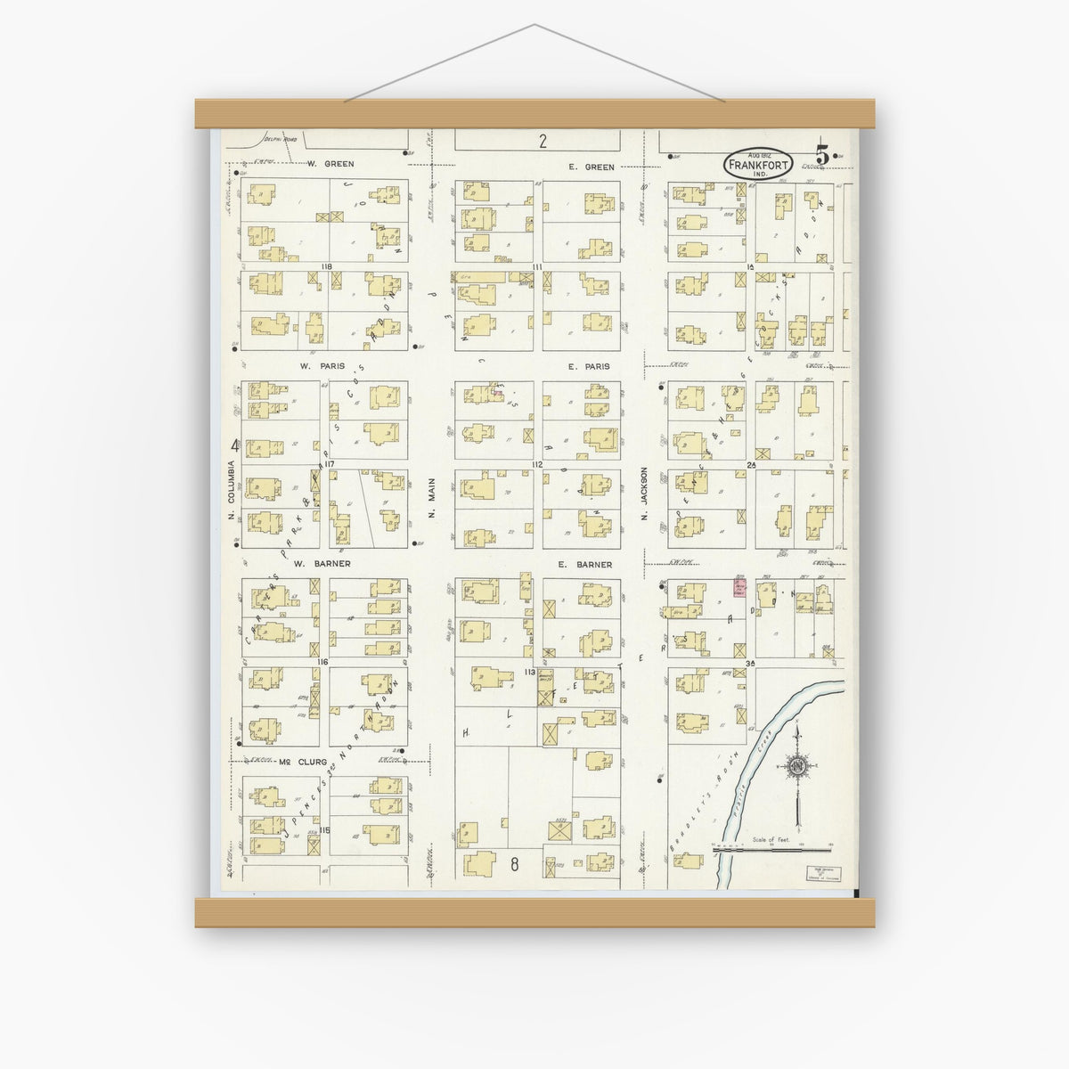 Old map wall art mockup — magnetic wood frame on white wall — Sanborn Fire Insurance Map from Frankfort, Clinton County, Indiana (1912), Sheet #0005