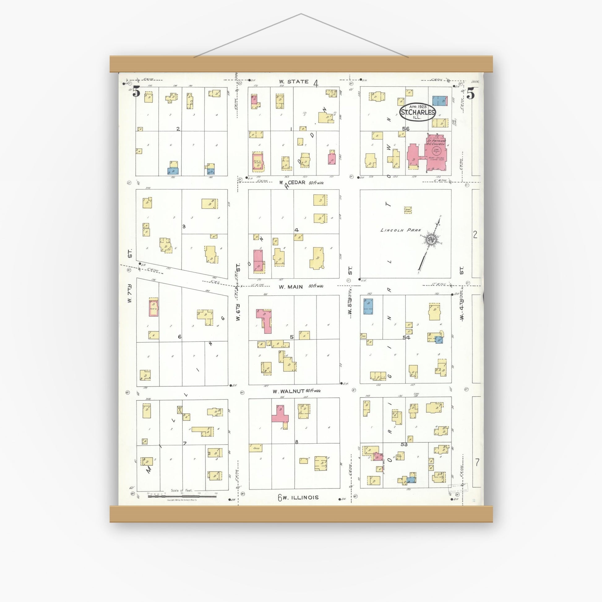 Old map wall art mockup — magnetic wood frame on white wall — Sanborn Fire Insurance Map from Saint Charles, Kane County, Illinois (1923), Sheet #0005
