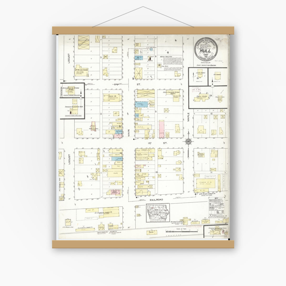 Old map wall art mockup — magnetic wood frame on white wall — Sanborn Fire Insurance Map from Hull, Sioux County, Iowa (1914), Sheet #0001