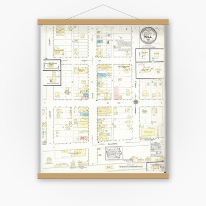 Old map wall art mockup — magnetic wood frame on white wall — Sanborn Fire Insurance Map from Hull, Sioux County, Iowa (1914), Sheet #0001