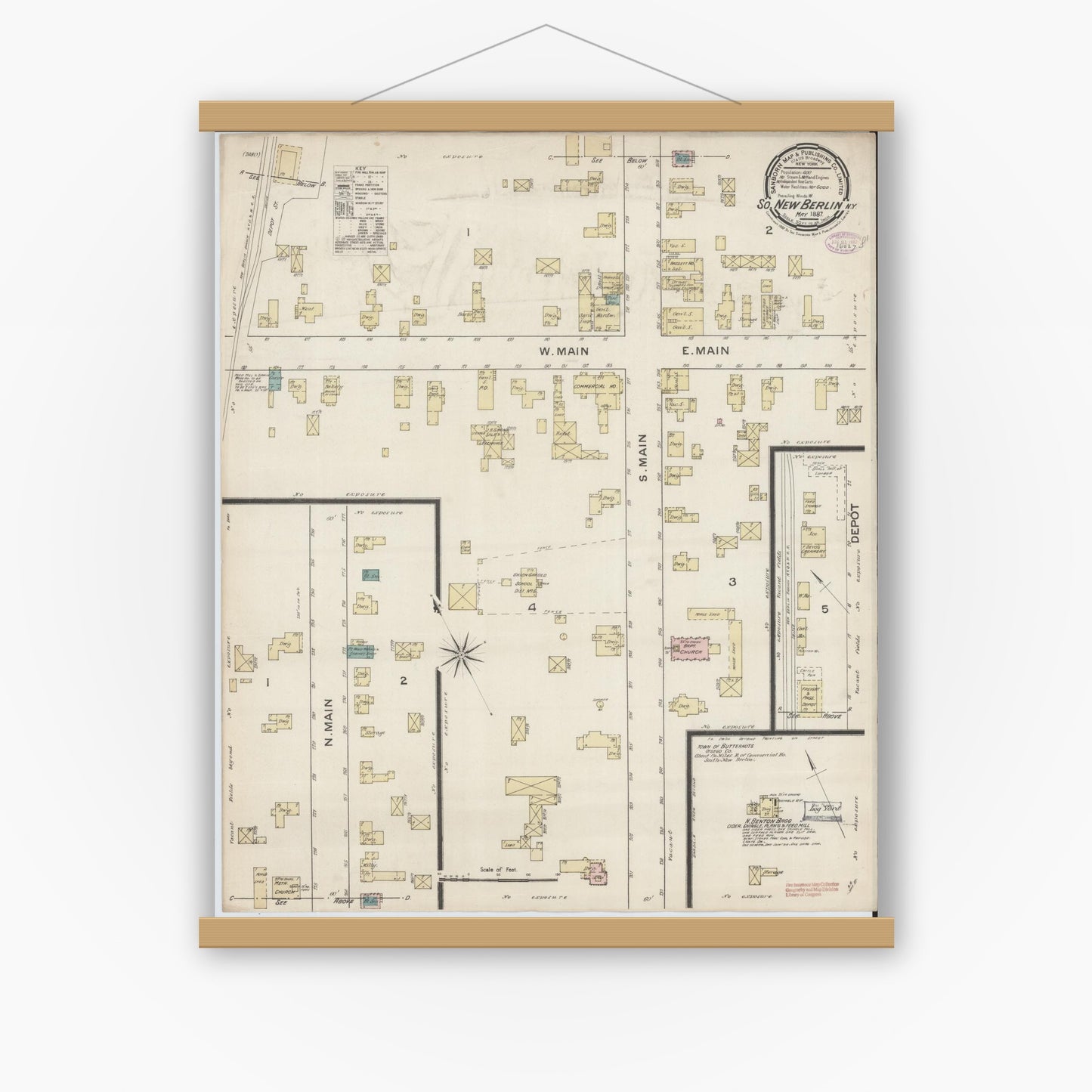 Old map wall art mockup — magnetic wood frame on white wall — Sanborn Fire Insurance Map from South New Berlin, Chenango County, New York (1887), Sheet #0001