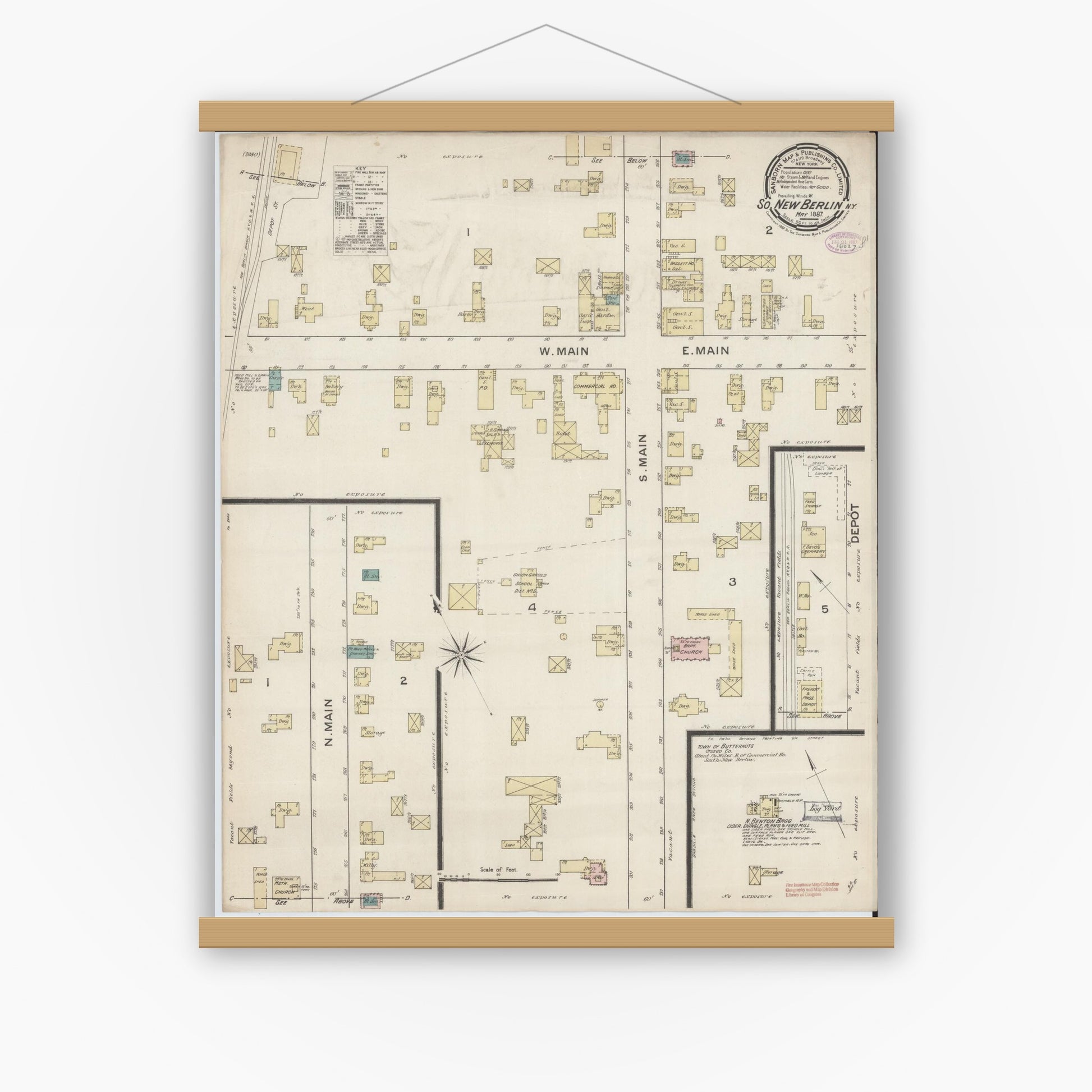 Old map wall art mockup — magnetic wood frame on white wall — Sanborn Fire Insurance Map from South New Berlin, Chenango County, New York (1887), Sheet #0001
