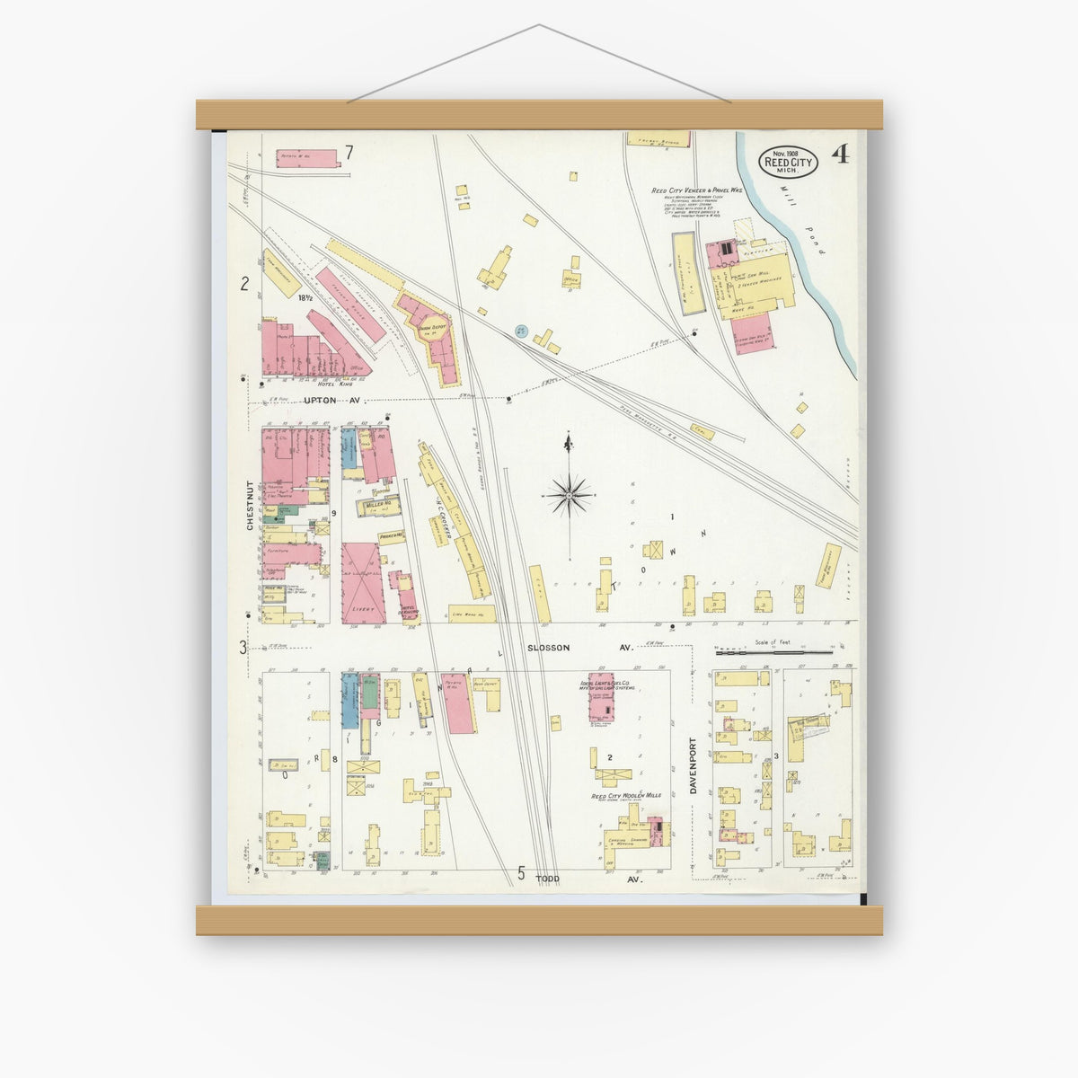 Old map wall art mockup — magnetic wood frame on white wall — Sanborn Fire Insurance Map from Reed City, Osceola County, Michigan (1908), Sheet #0004