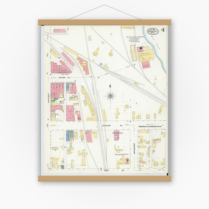 Old map wall art mockup — magnetic wood frame on white wall — Sanborn Fire Insurance Map from Reed City, Osceola County, Michigan (1908), Sheet #0004