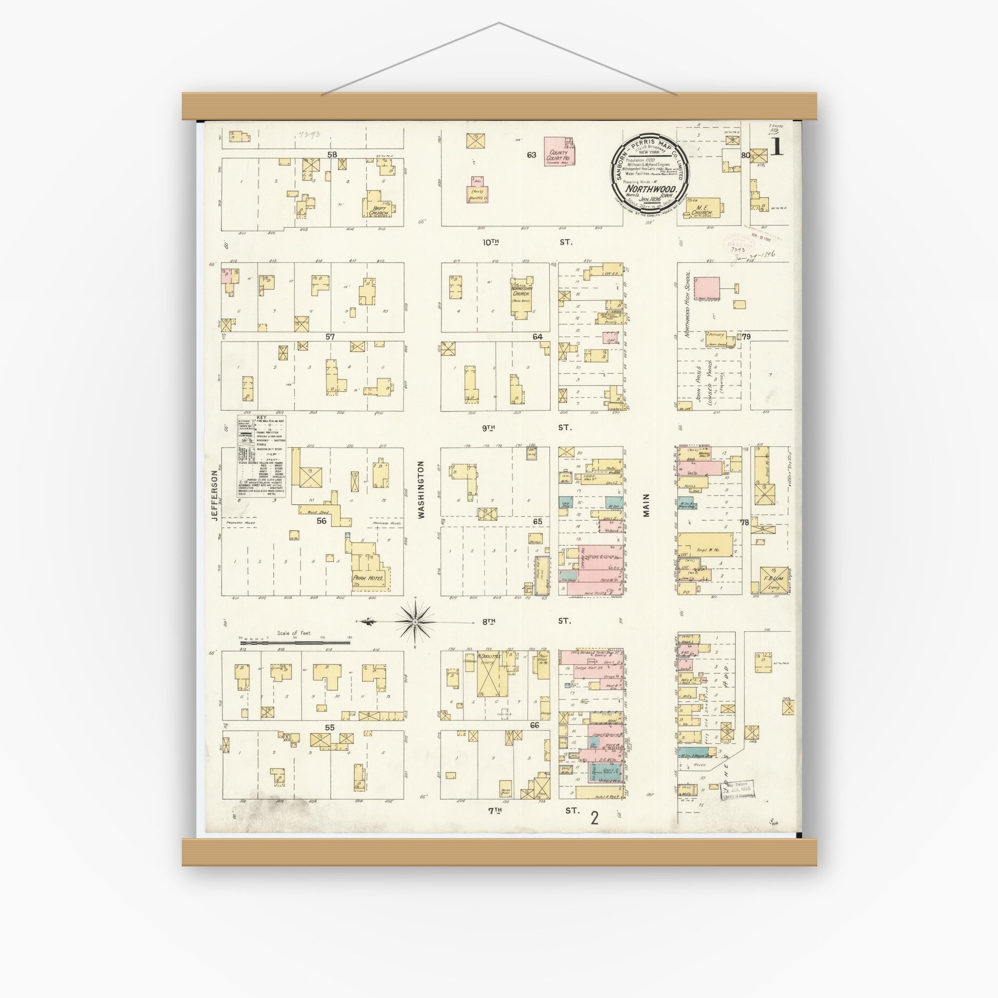 Old map wall art mockup — magnetic wood frame on white wall — Sanborn Fire Insurance Map from Northwood, Worth County, Iowa (1896) â€” Complete Set