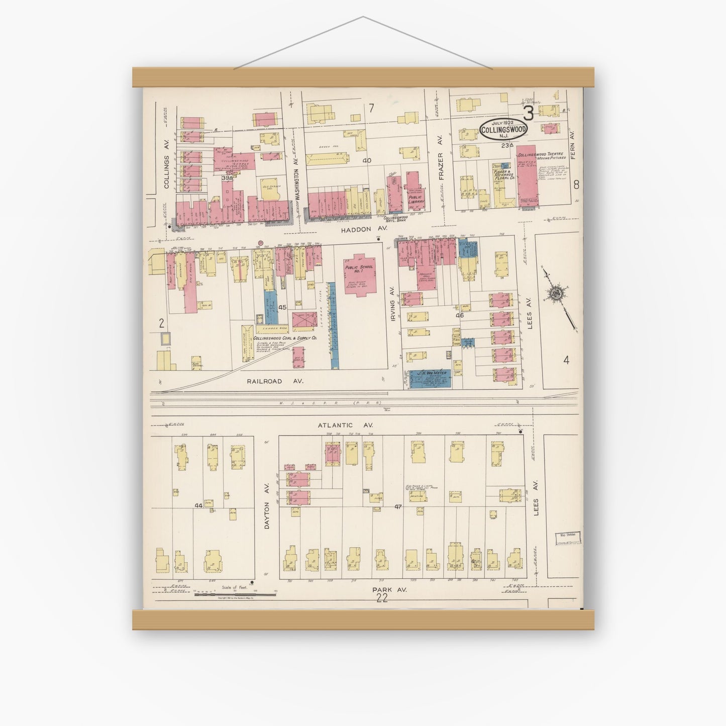Old map wall art mockup — magnetic wood frame on white wall — Sanborn Fire Insurance Map from Collingswood, Camden County, New Jersey (1922), Sheet #0003