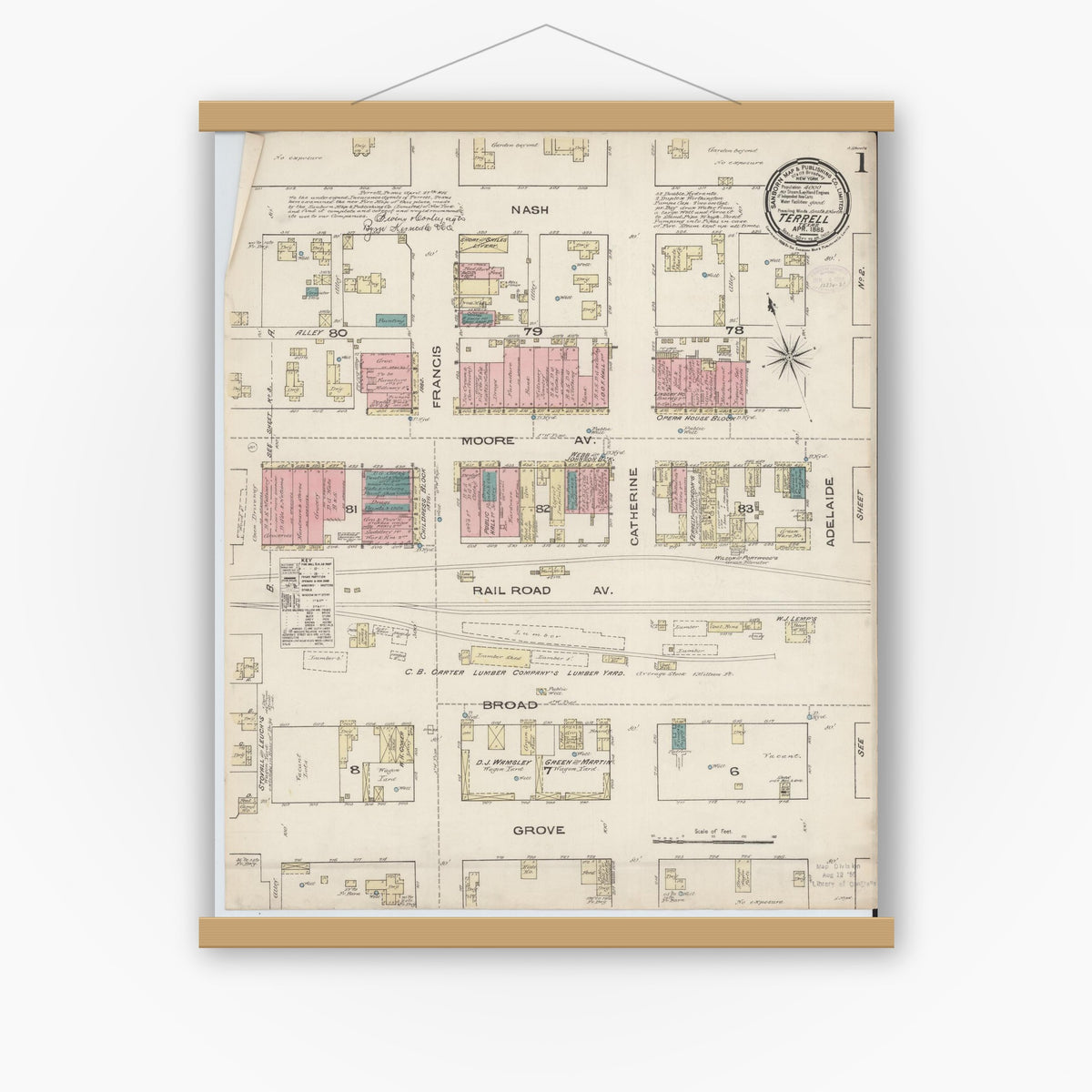 Old map wall art mockup — magnetic wood frame on white wall — Sanborn Fire Insurance Map from Terrell, Kaufman County, Texas (1885) - Complete Map Set