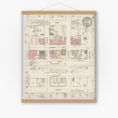 Old map wall art mockup — magnetic wood frame on white wall — Sanborn Fire Insurance Map from Terrell, Kaufman County, Texas (1885) - Complete Map Set