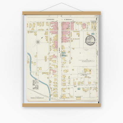 Old map wall art mockup — magnetic wood frame on white wall — Sanborn Fire Insurance Map from Mechanicsburg, Champaign County, Ohio (1892) - Complete Map Set