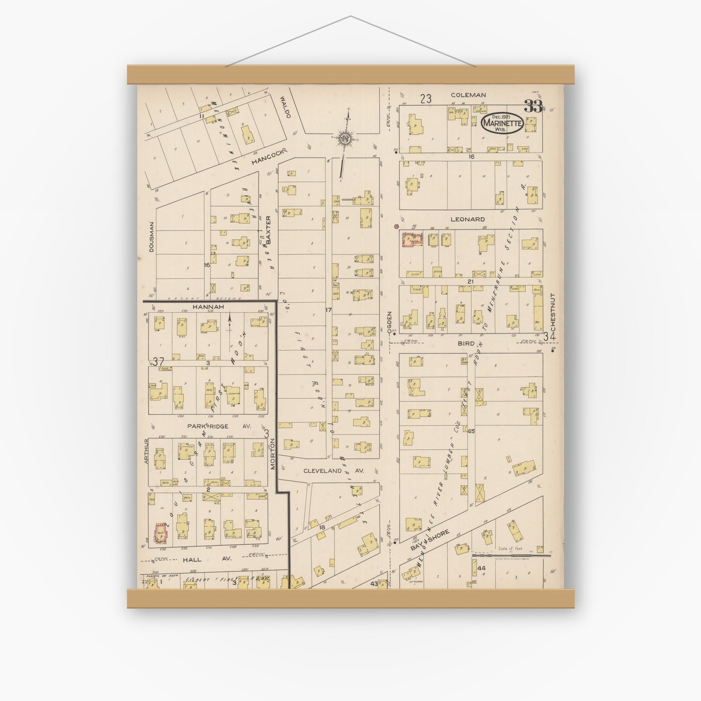 Old map wall art mockup — magnetic wood frame on white wall — Sanborn Fire Insurance Map from Marinette, Marinette County, Wisconsin (1921), Sheet #0033