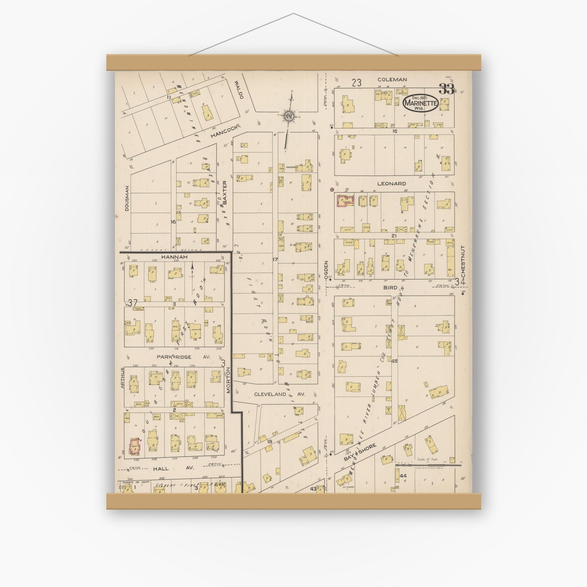 Old map wall art mockup — magnetic wood frame on white wall — Sanborn Fire Insurance Map from Marinette, Marinette County, Wisconsin (1921), Sheet #0033