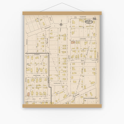 Old map wall art mockup — magnetic wood frame on white wall — Sanborn Fire Insurance Map from Marinette, Marinette County, Wisconsin (1921), Sheet #0033