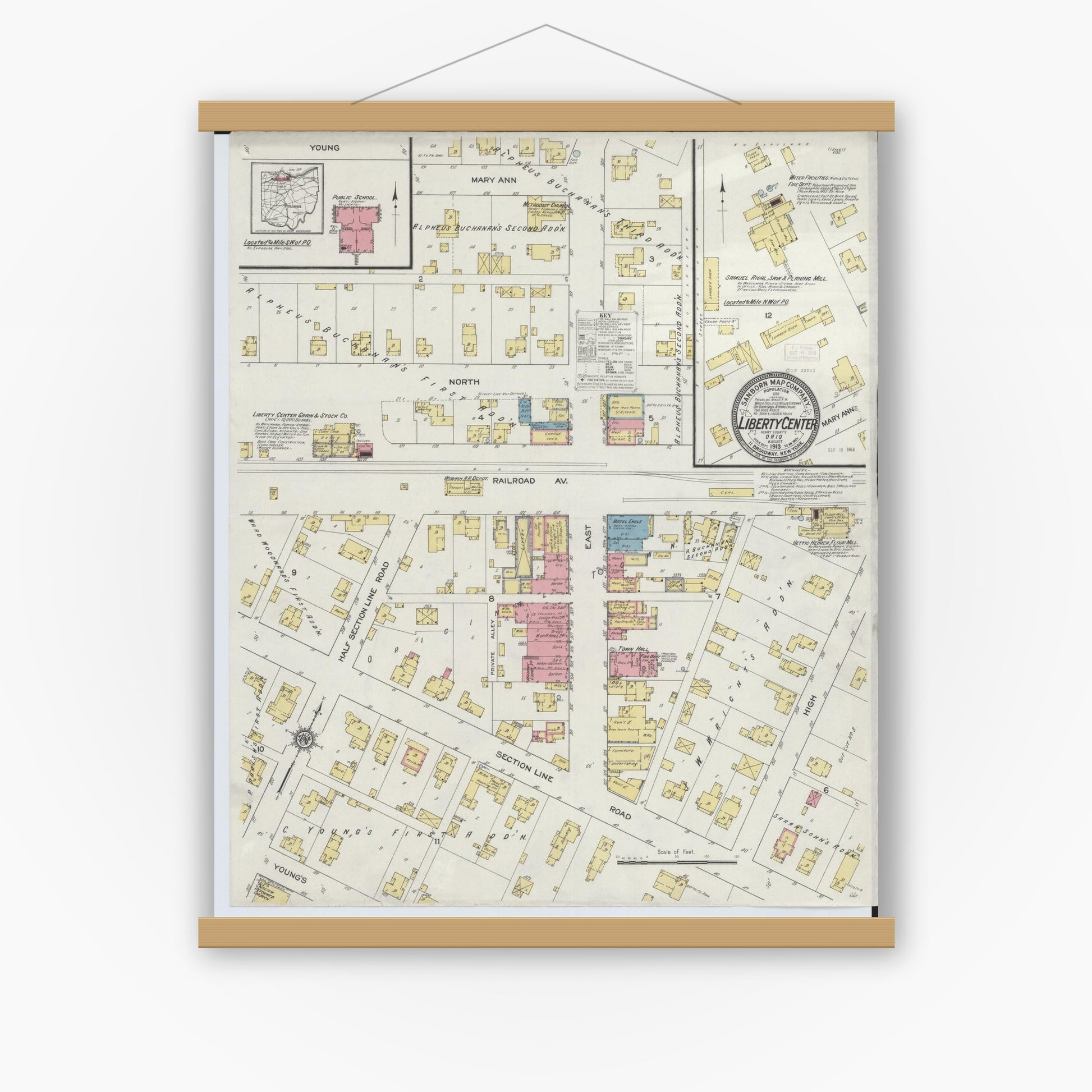 Old map wall art mockup — magnetic wood frame on white wall — Sanborn Fire Insurance Map from Liberty Center, Henry County, Ohio (1913), Sheet #0001